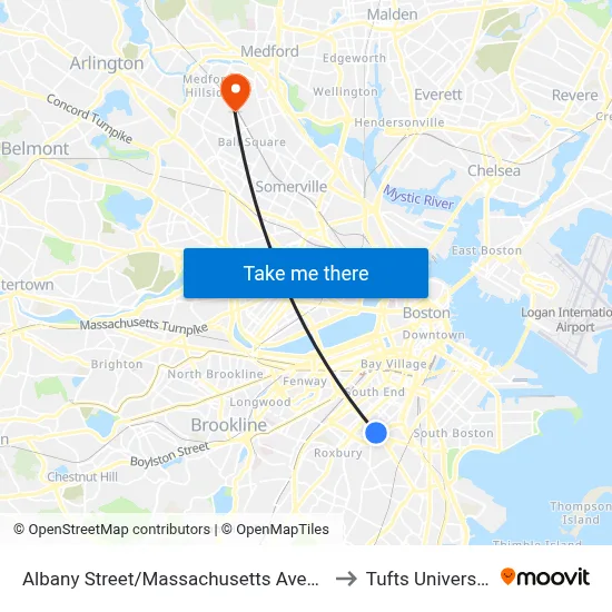 Albany Street/Massachusetts Avenue to Tufts University map