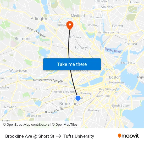 Brookline Ave @ Short St to Tufts University map