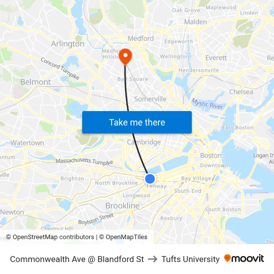 Commonwealth Ave @ Blandford St to Tufts University map