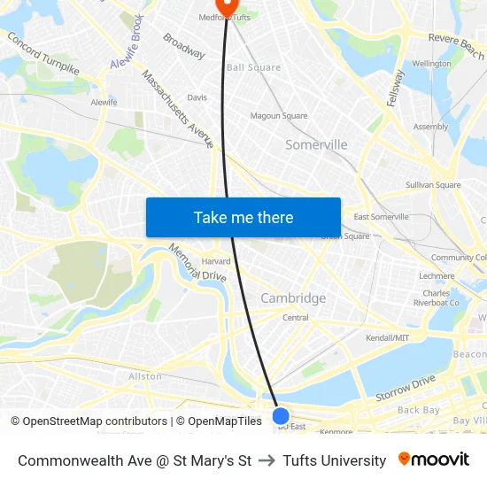 Commonwealth Ave @ St Mary's St to Tufts University map