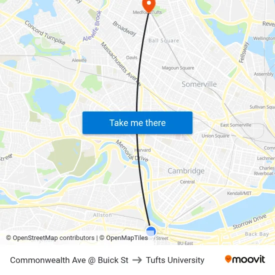 Commonwealth Ave @ Buick St to Tufts University map