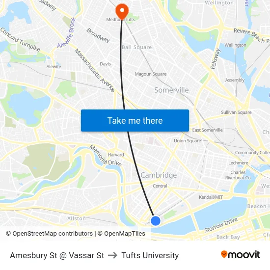 Amesbury St @ Vassar St to Tufts University map