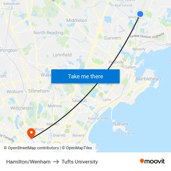 Hamilton/Wenham to Tufts University map