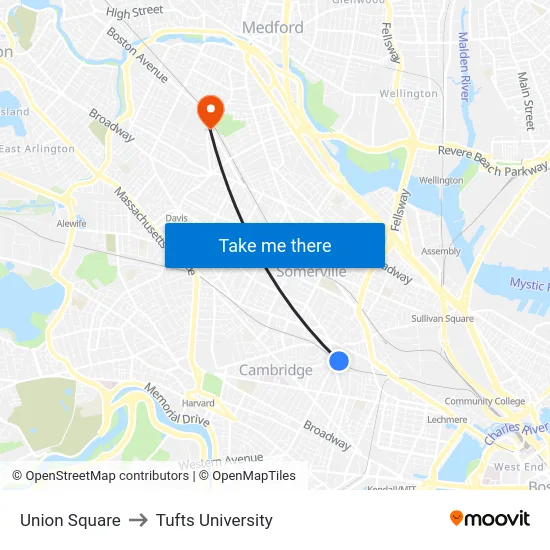 Union Square to Tufts University map