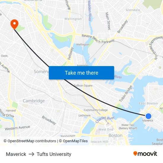 Maverick to Tufts University map