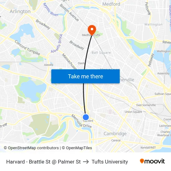 Harvard - Brattle St @ Palmer St to Tufts University map