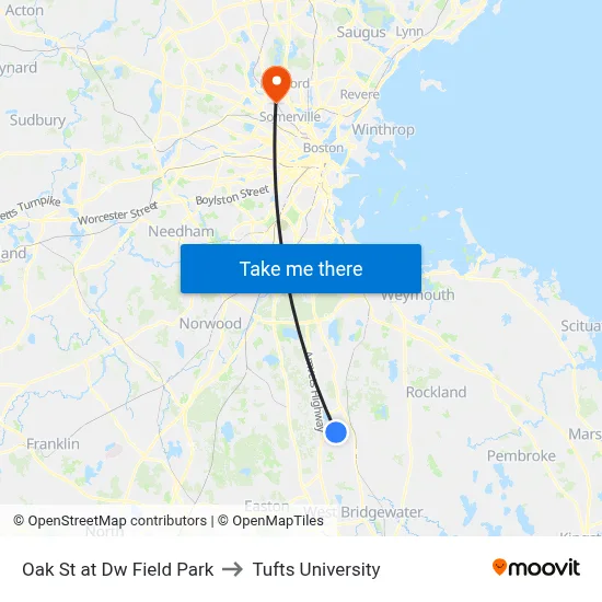 Oak St at Dw Field Park to Tufts University map
