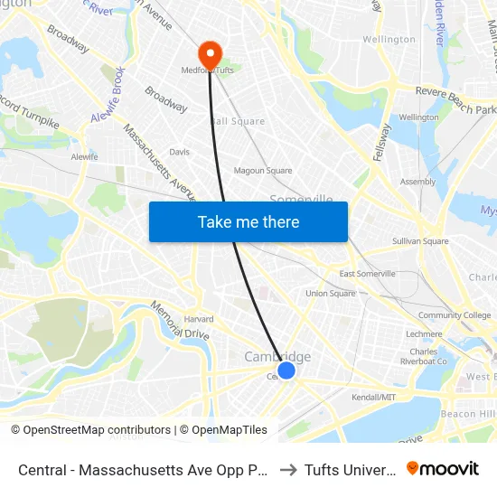Central - Massachusetts Ave Opp Pearl St to Tufts University map