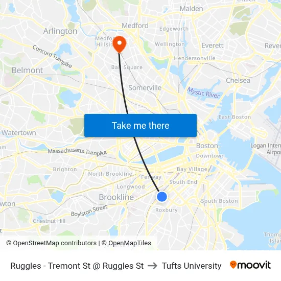 Ruggles - Tremont St @ Ruggles St to Tufts University map