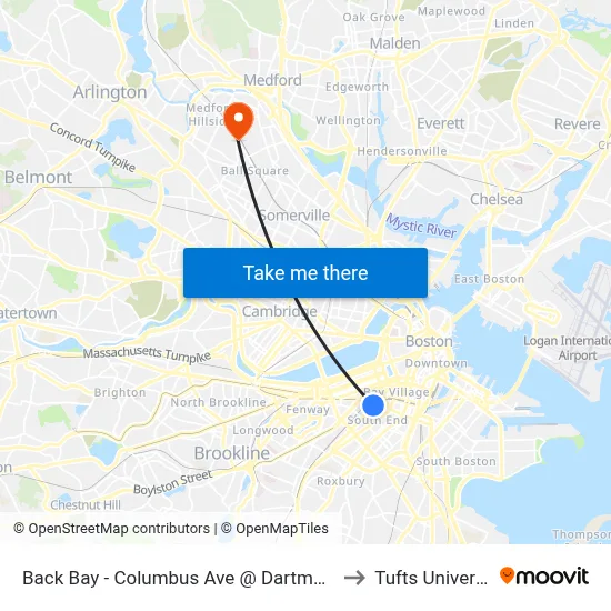 Back Bay - Columbus Ave @ Dartmouth St to Tufts University map