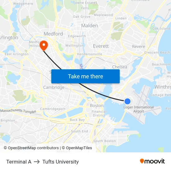 Terminal A to Tufts University map