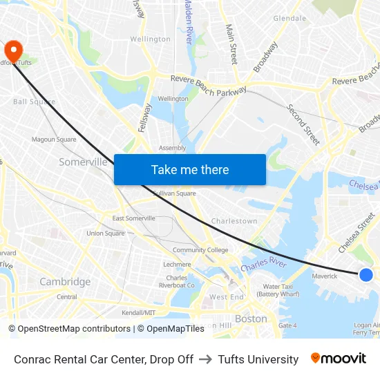 Conrac Rental Car Center, Drop Off to Tufts University map