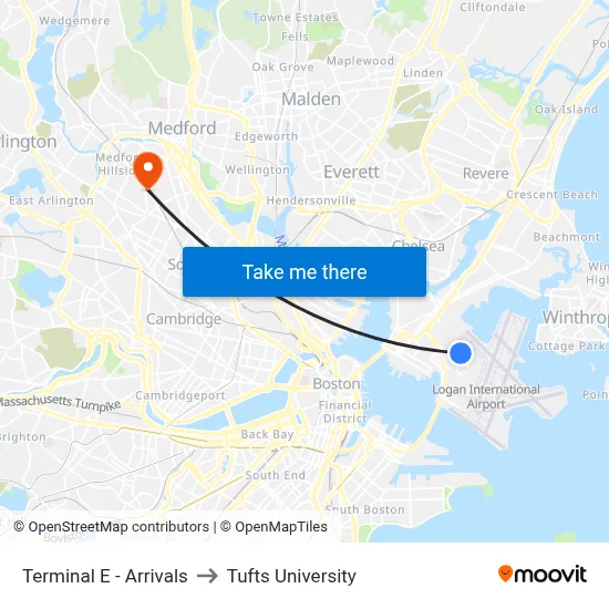 Terminal E - Arrivals to Tufts University map