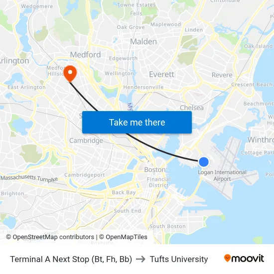 Terminal A Next Stop (Bt, Fh, Bb) to Tufts University map