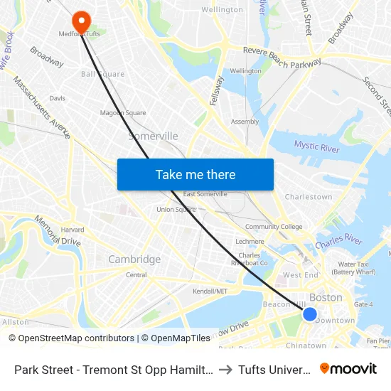 Park Street - Tremont St Opp Hamilton Pl to Tufts University map