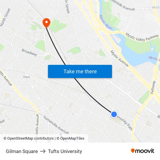 Gilman Square to Tufts University map