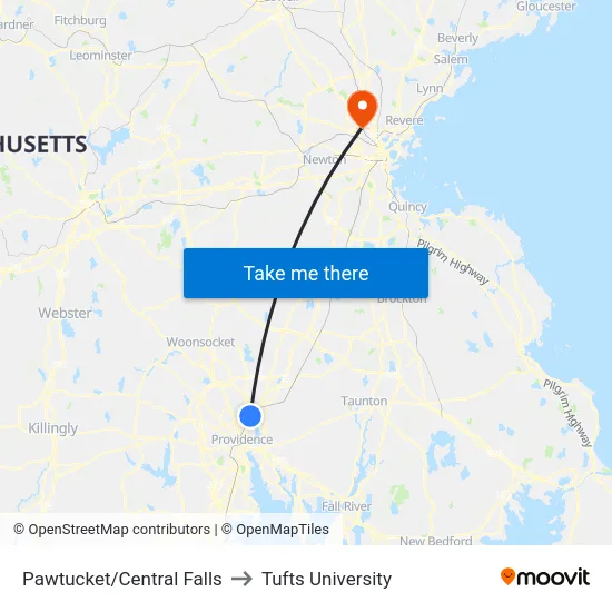 Pawtucket/Central Falls to Tufts University map