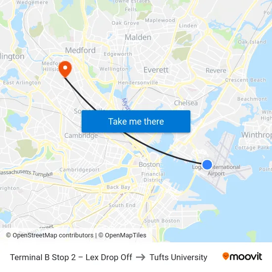 Terminal B Stop 2 – Lex Drop Off to Tufts University map