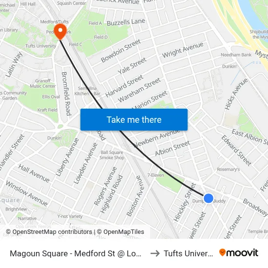 Magoun Square - Medford St @ Lowell St to Tufts University map