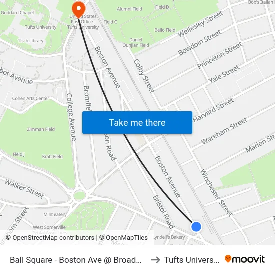 Ball Square - Boston Ave @ Broadway to Tufts University map