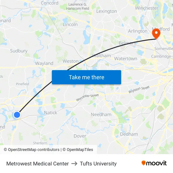 Metrowest Medical Center to Tufts University map