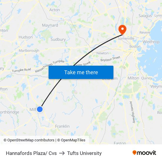 Hannafords Plaza/ Cvs to Tufts University map
