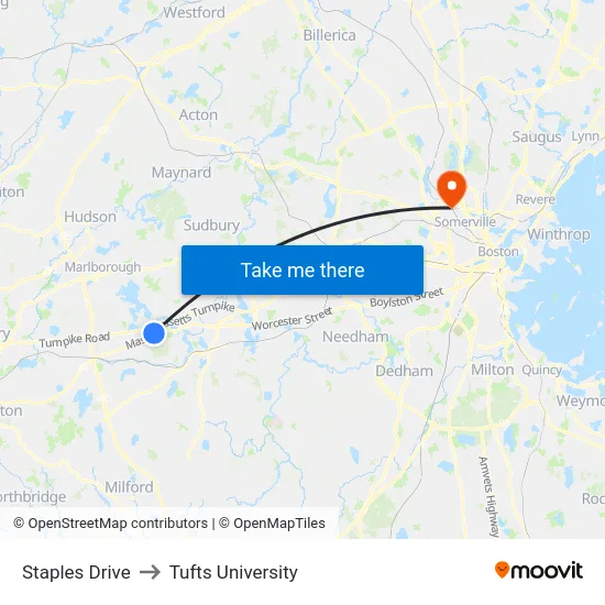 Staples Drive Shelter to Tufts University map