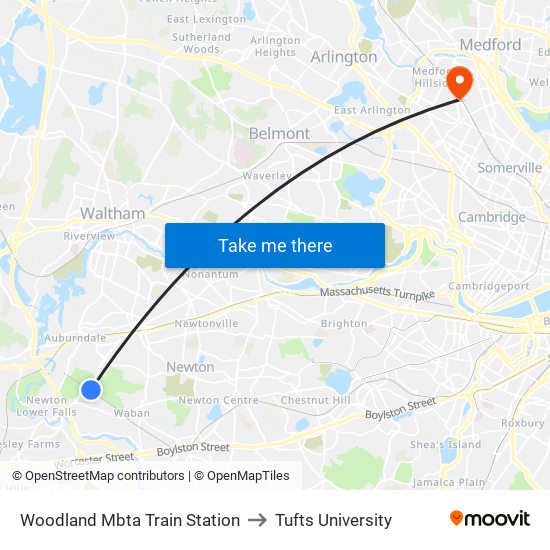 Woodland Mbta Train Station to Tufts University map