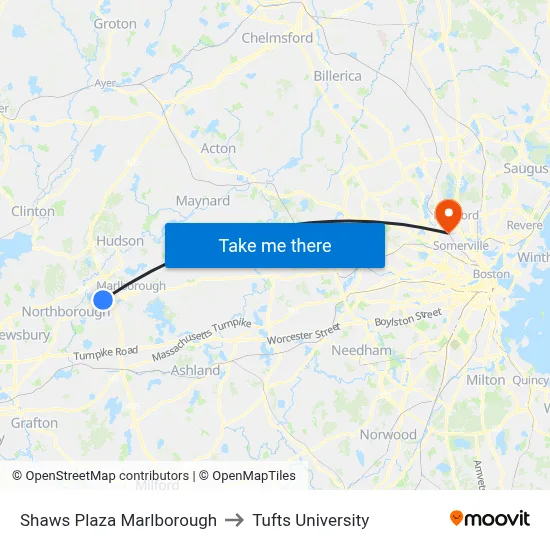 Shaws Plaza Marlborough to Tufts University map