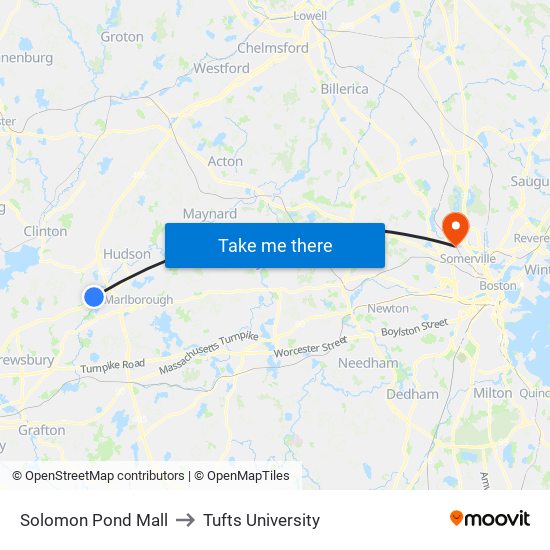 Solomon Pond Mall to Tufts University map