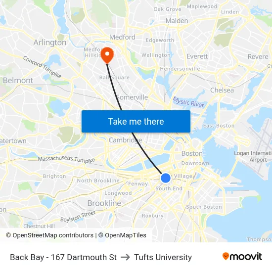 Back Bay - 167 Dartmouth St to Tufts University map