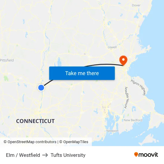 Elm / Westfield to Tufts University map