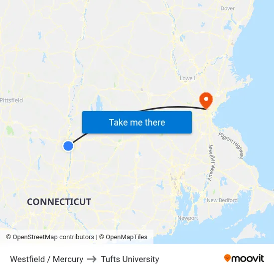 Westfield / Mercury to Tufts University map