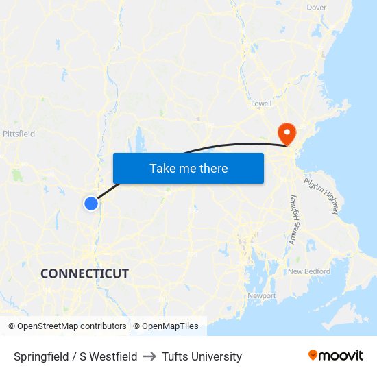 Springfield / S Westfield to Tufts University map