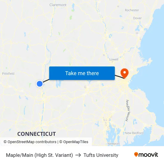 Maple/Main (High St. Variant) to Tufts University map