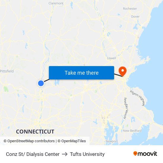 Conz St/ Dialysis Center to Tufts University map