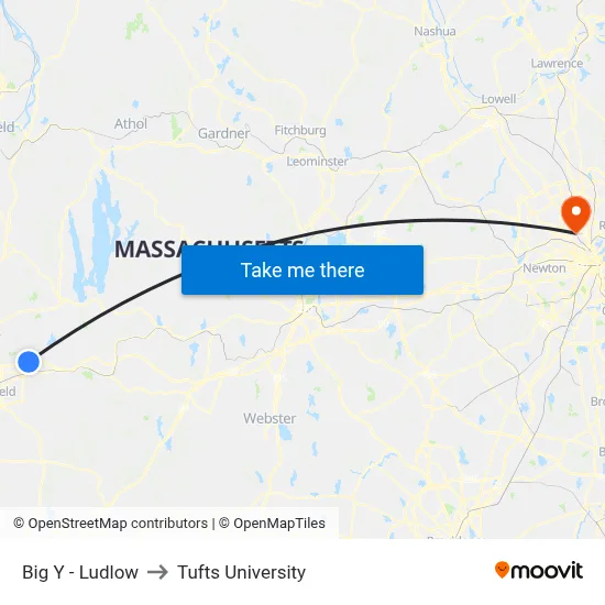 Big Y - Ludlow to Tufts University map