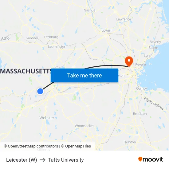 Leicester (W) to Tufts University map