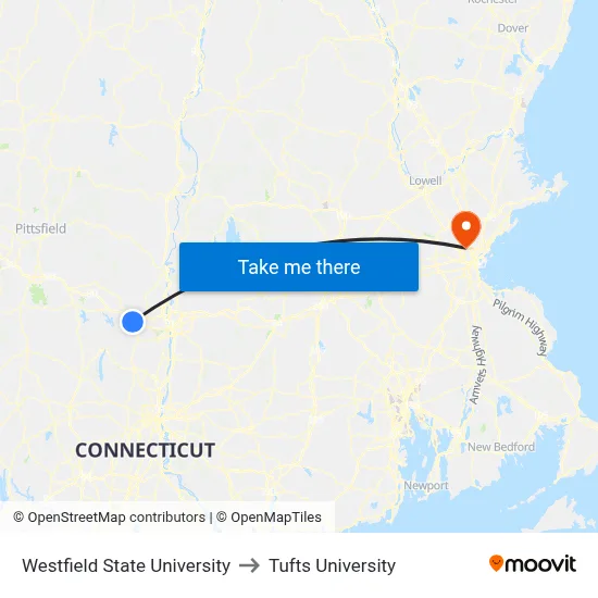 Westfield State University to Tufts University map