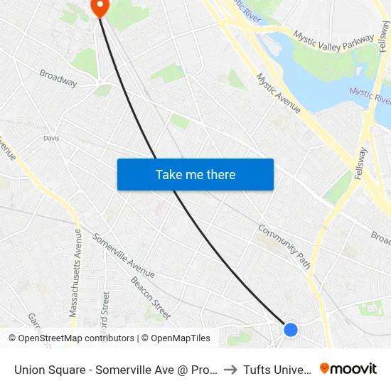 Union Square - Somerville Ave @ Prospect St to Tufts University map