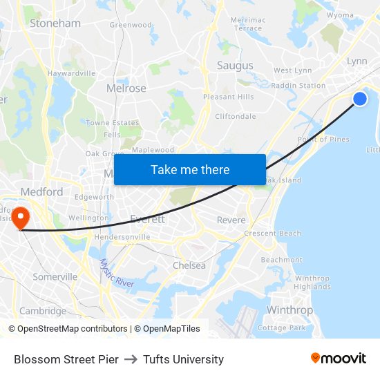 Blossom Street Pier to Tufts University map