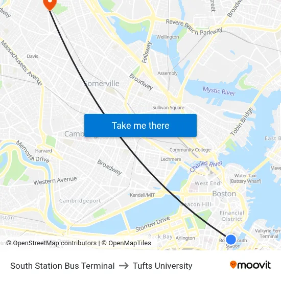 South Station Bus Terminal to Tufts University map