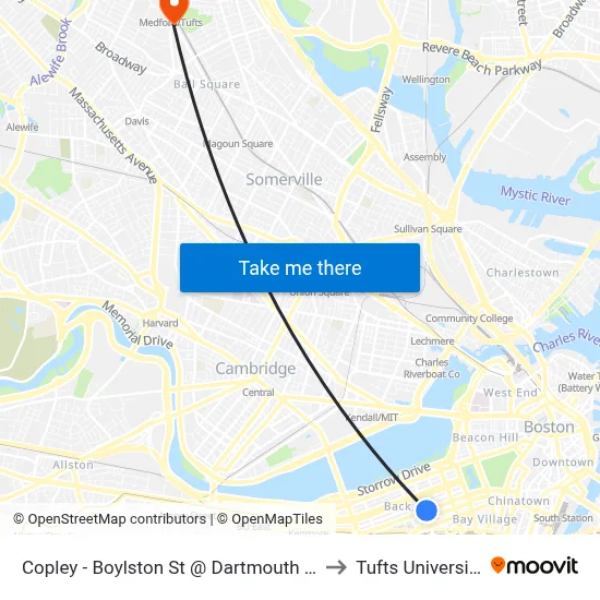 Copley - Boylston St @ Dartmouth St to Tufts University map
