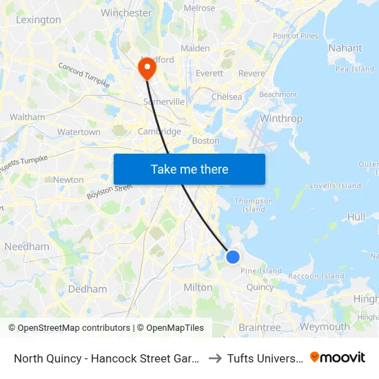 North Quincy - Hancock Street Garage to Tufts University map