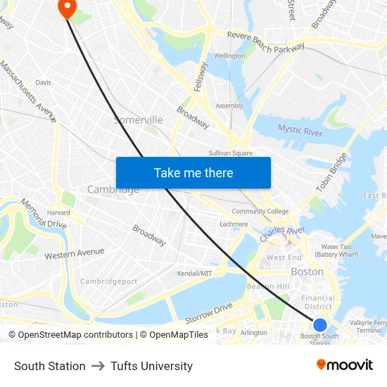 South Station to Tufts University map