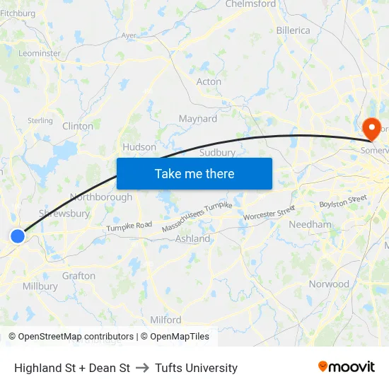 Highland St + Dean St to Tufts University map