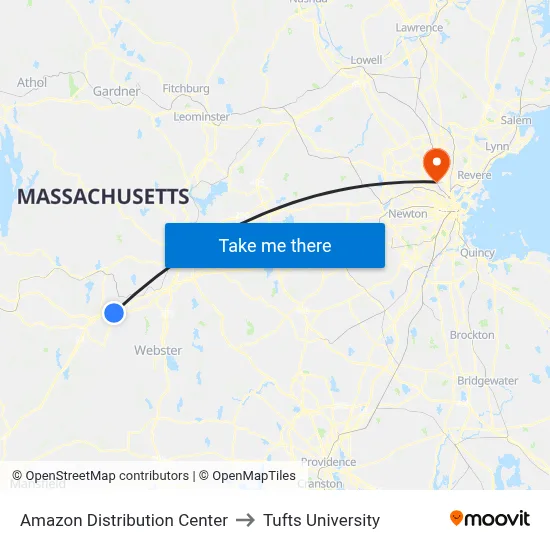 Amazon Distribution Center to Tufts University map