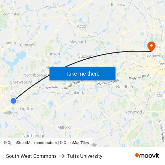 South West Commons to Tufts University map