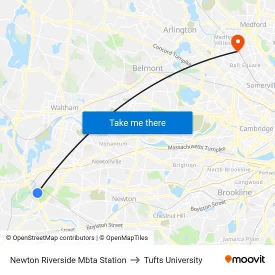 Newton Riverside Mbta Station to Tufts University map