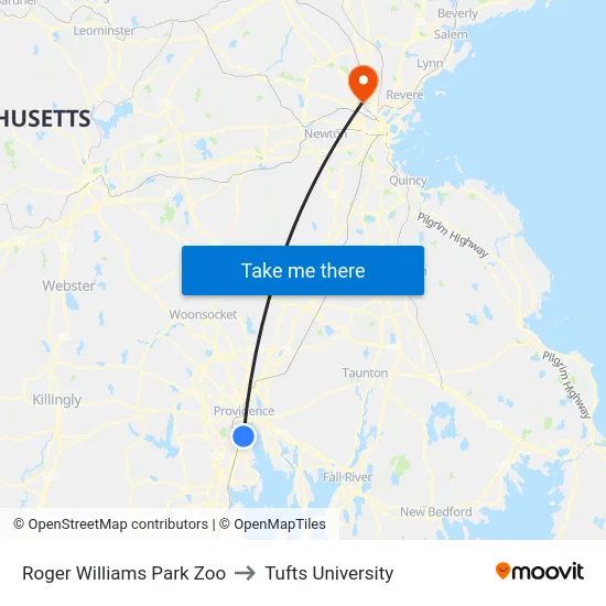 Roger Williams Park Zoo to Tufts University map
